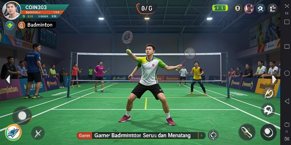 Screenshot utama COIN303 menampilkan antarmuka bermain badminton yang menarik.