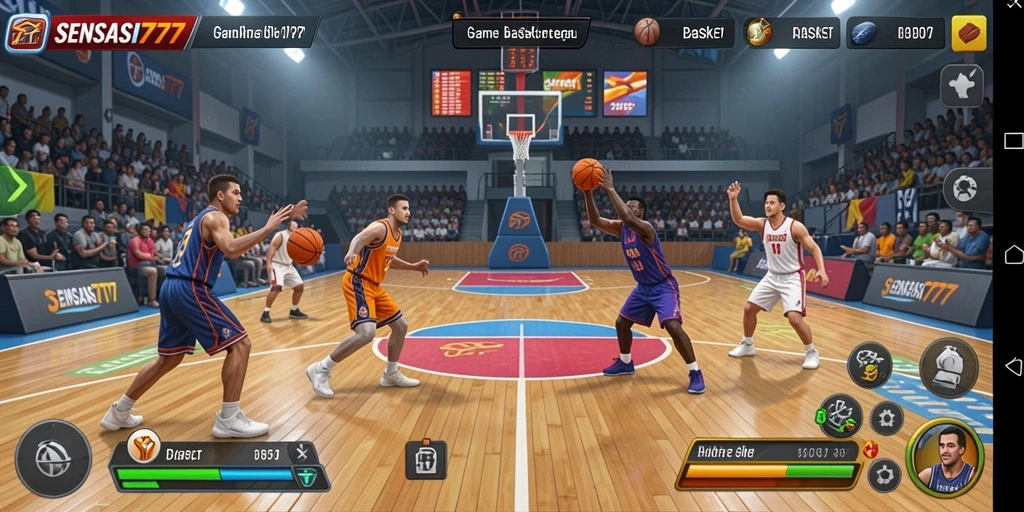 Antarmuka SENSASI777 menampilkan aksi basket seru yang dinamis.